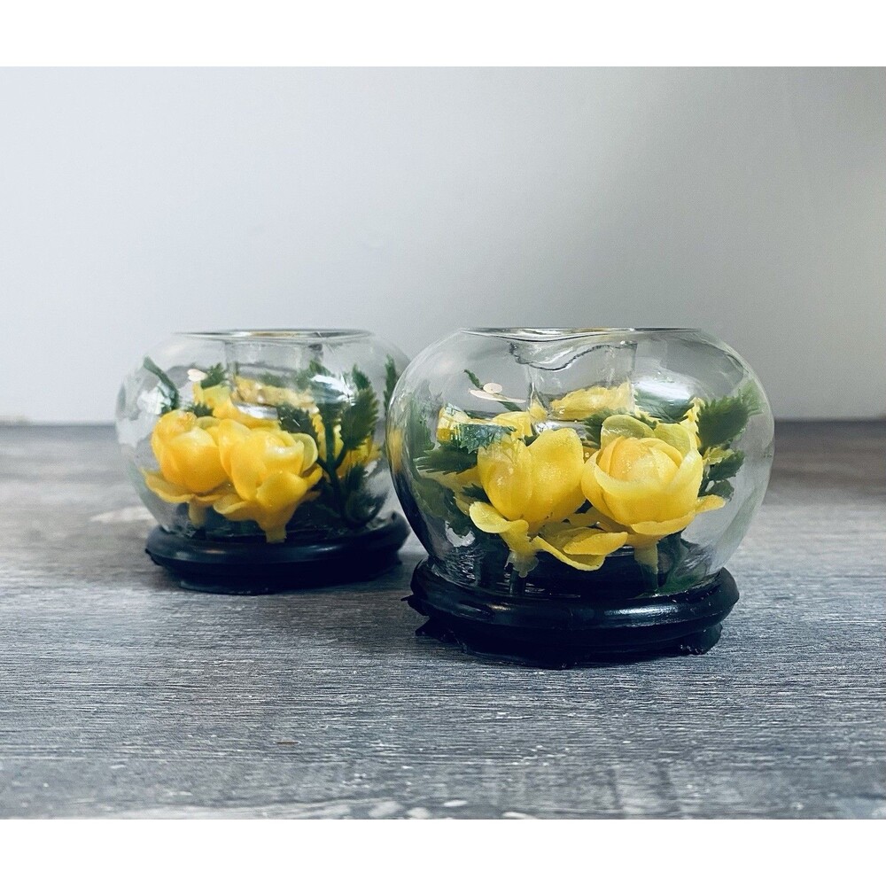 2 Vintage Glass Bubble Yellow Roses Candlestick Taper Candle Holders Hong Kong